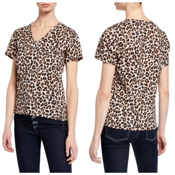 Veronica Beard Saniya Leopard Print Short Sleeve V-Neck Tee Shirt - Size Medium - Picture 1 of 7